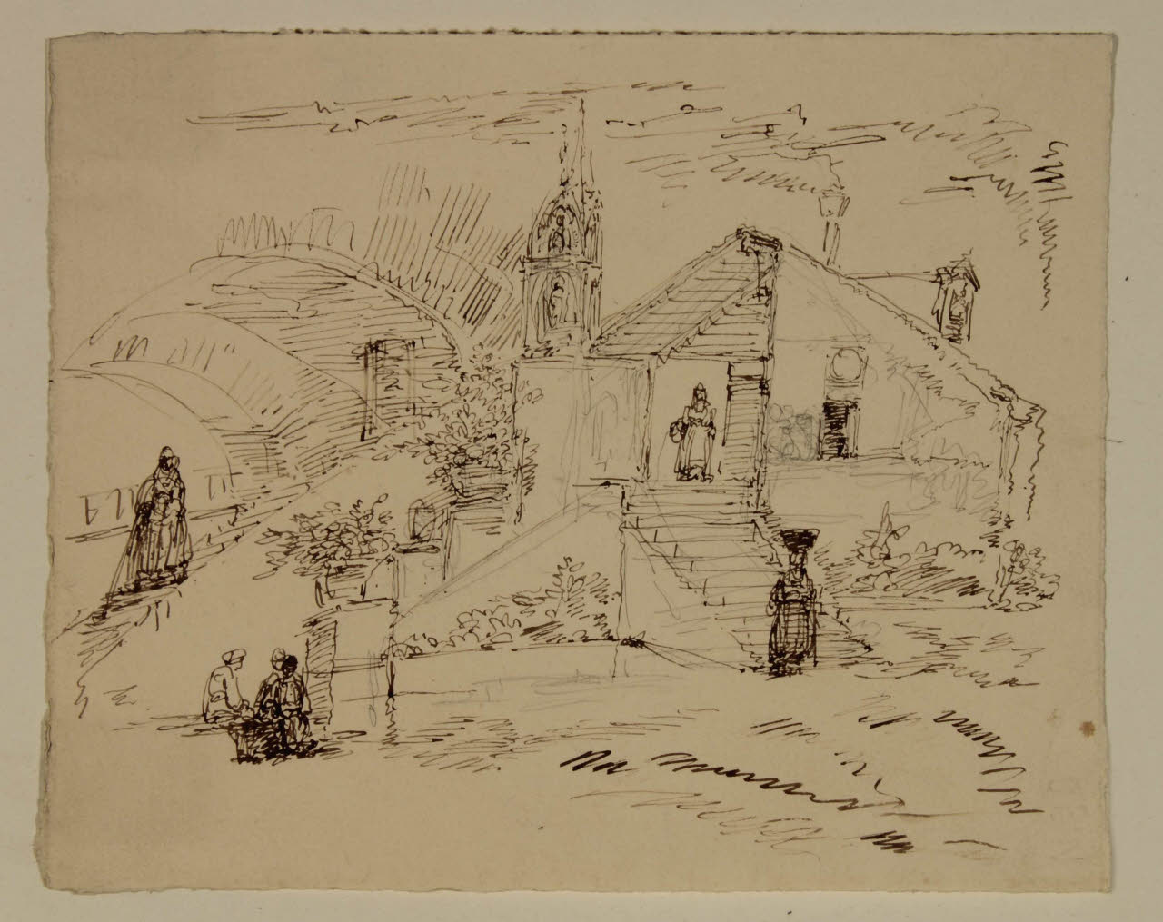 Paese con edifici e macchiette, Paese con edifici e macchiette (disegno) di Bison, Giuseppe Bernardino (secc. XVIII/ XIX)