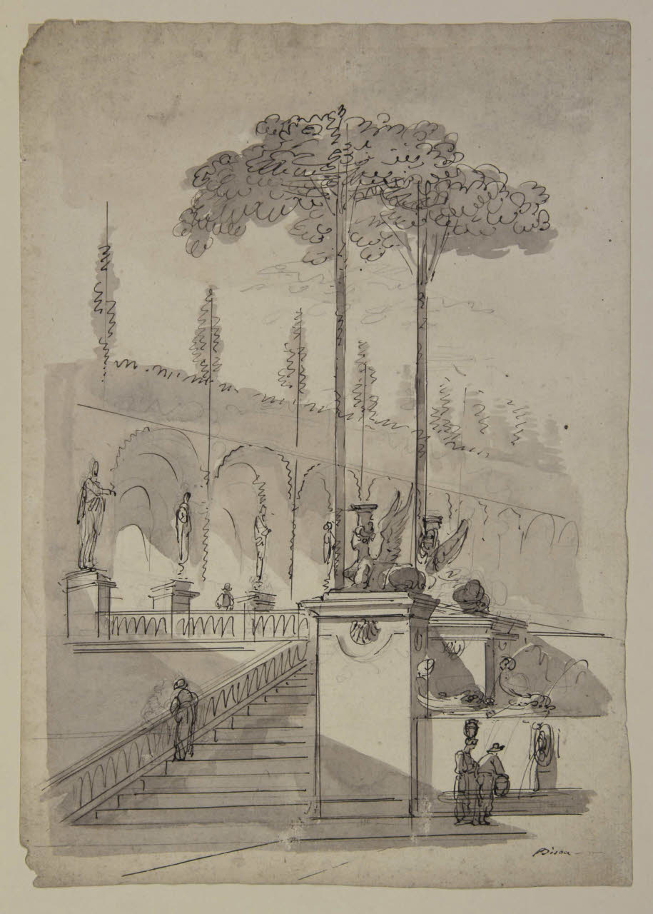 Veduta con loggia, scalone e macchiette, Veduta con loggia, scalone e macchiette (disegno) di Bison, Giuseppe Bernardino (secc. XVIII/ XIX)