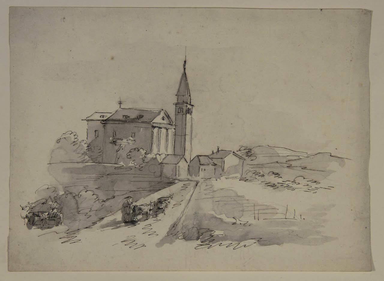 Paese con chiesa, case e macchiette, Paese con chiesa, case e macchiette (disegno) di Bison, Giuseppe Bernardino (secc. XVIII/ XIX)