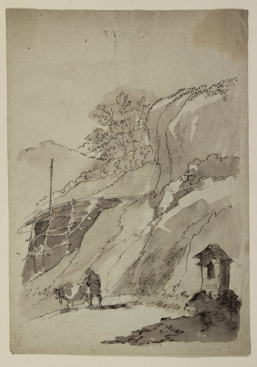 Paesaggio montuoso con tabernacolo e un contadino con una mucca, Paesaggio montuoso con tabernacolo e un contadino con una mucca (disegno) di Bison, Giuseppe Bernardino (secc. XVIII/ XIX)