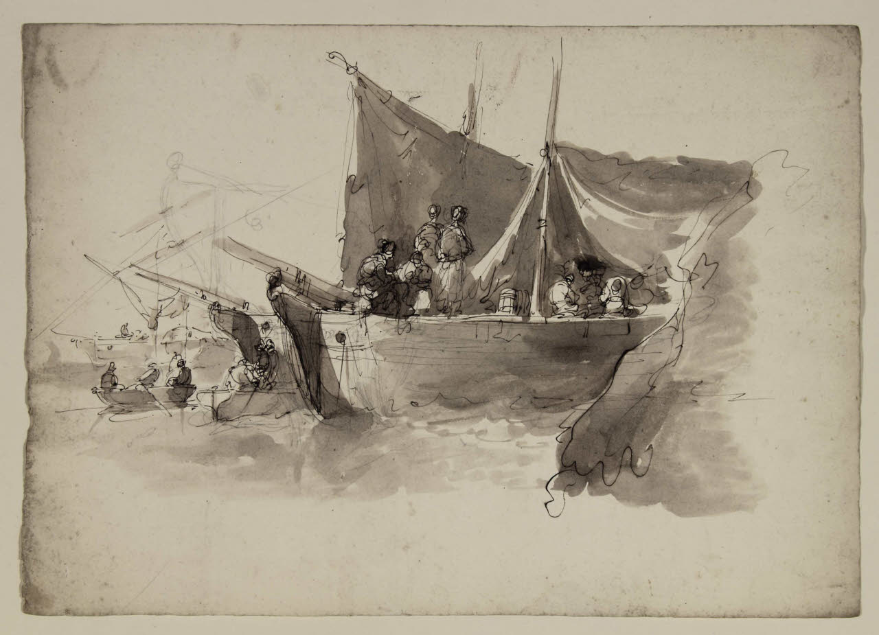 Velieri e barche con figure a bordo, Velieri e barche con figure a bordo (disegno) di Bison, Giuseppe Bernardino (secc. XVIII/ XIX)