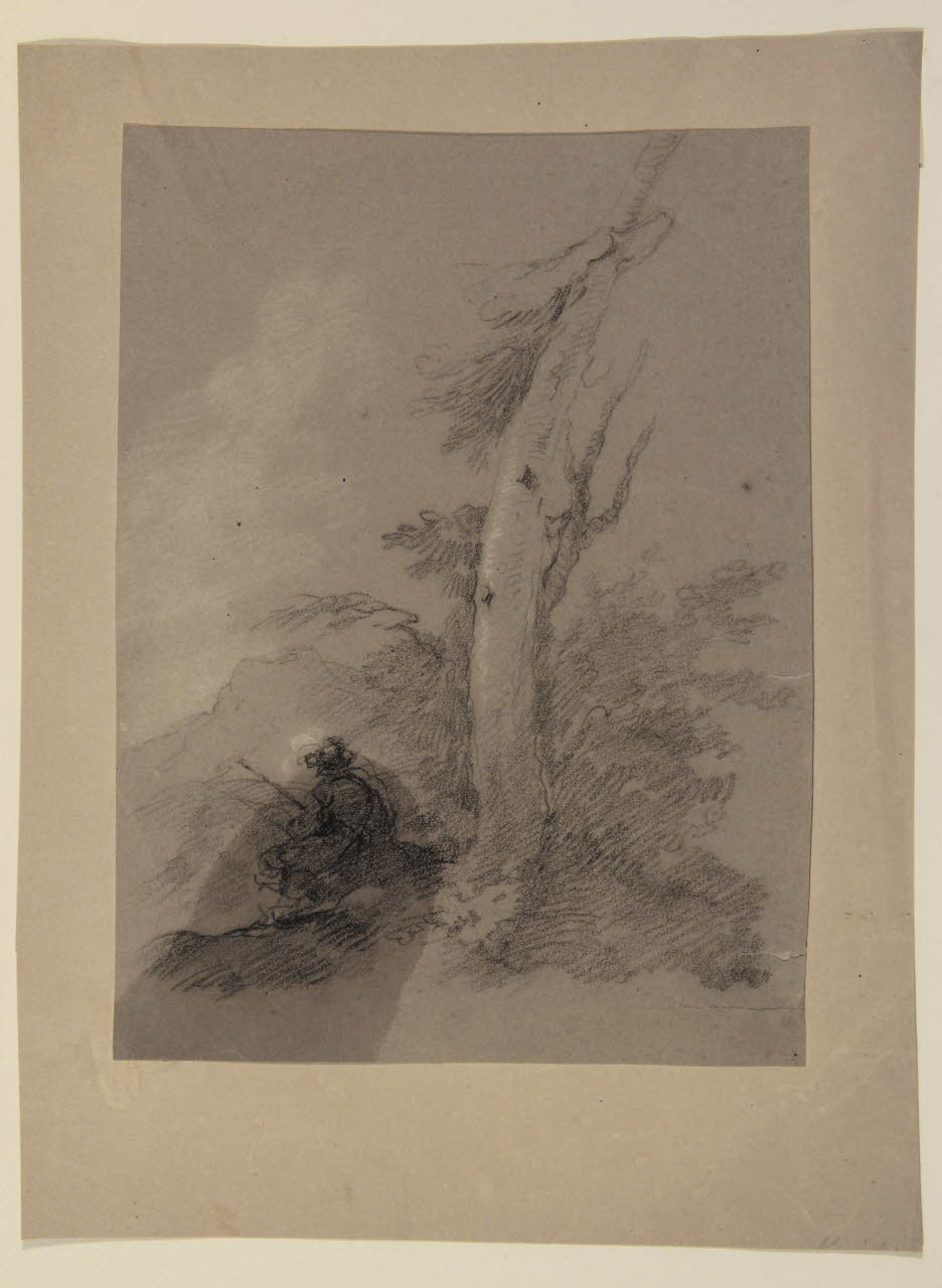 Particolare di paesaggio montuoso con figura di cacciatore ai piedi di un albero spoglio, Particolare di paesaggio montuoso con figura di cacciatore ai piedi di un albero spoglio (disegno) di Bison, Giuseppe Bernardino (secc. XVIII/ XIX)