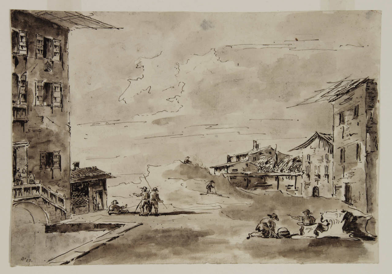 Paesaggio con case e macchiette, Paesaggio con case e macchiette (disegno) di Bison, Giuseppe Bernardino (secc. XVIII/ XIX)