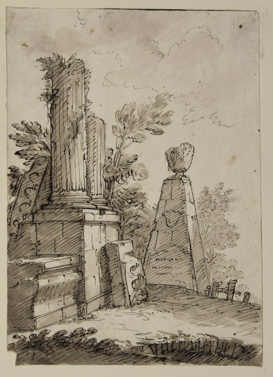 Spiazzo alberato con rovine e frammenti architettonici, Spiazzo alberato con rovine e frammenti architettonici (disegno) di Bison, Giuseppe Bernardino (secc. XVIII/ XIX)