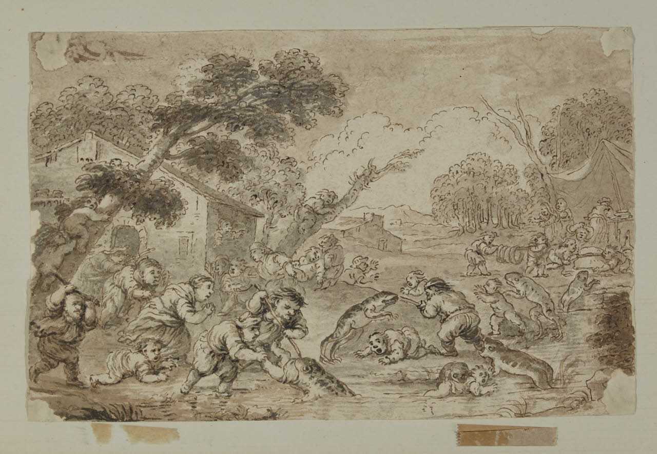 Nani a caccia di rane, Nani a caccia di rane (disegno) di Albrici, Enrico (sec. XVIII)