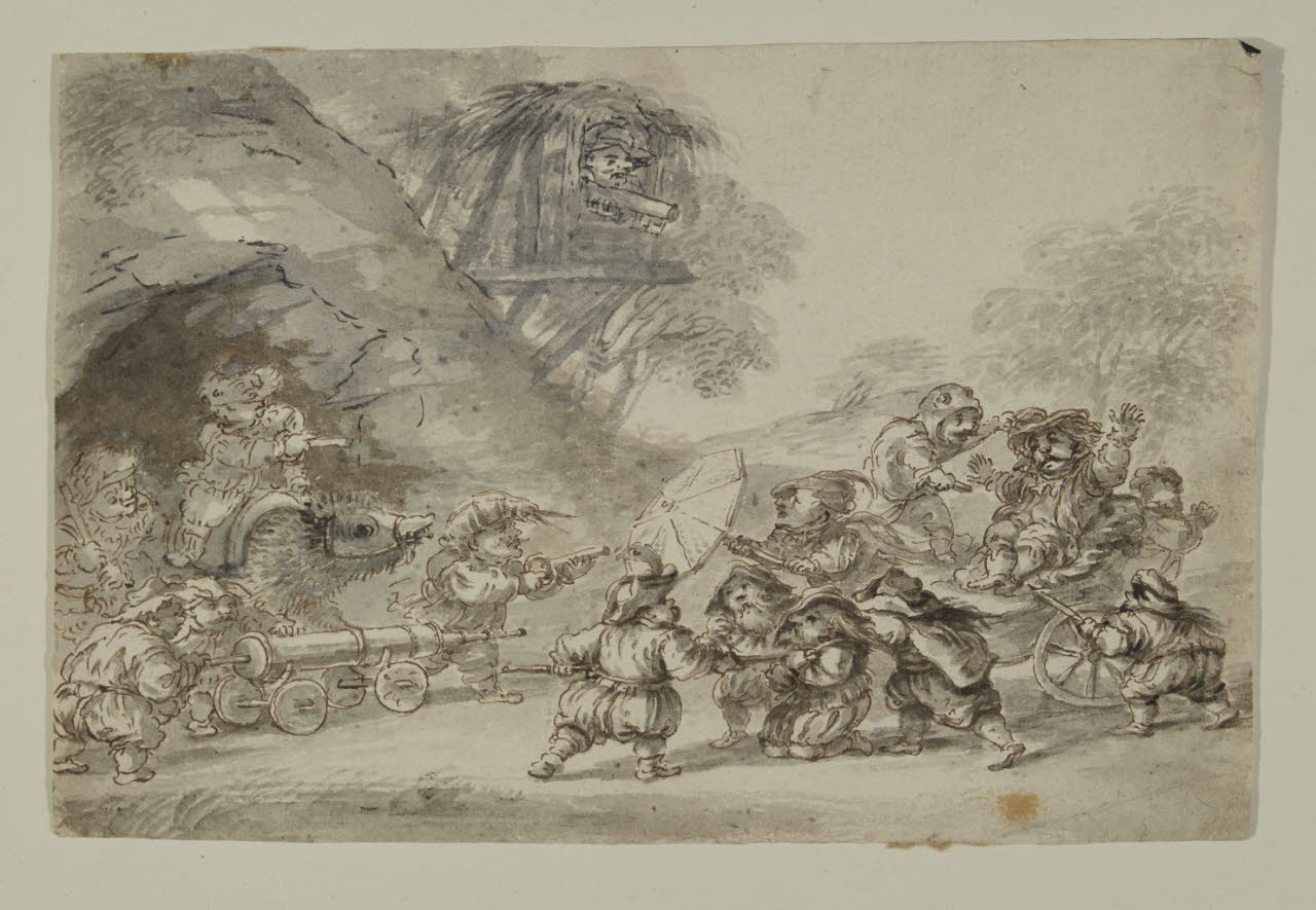 Nani che assaltano altri nani, Scontro tra nani (disegno) di Albrici, Enrico (sec. XVIII)