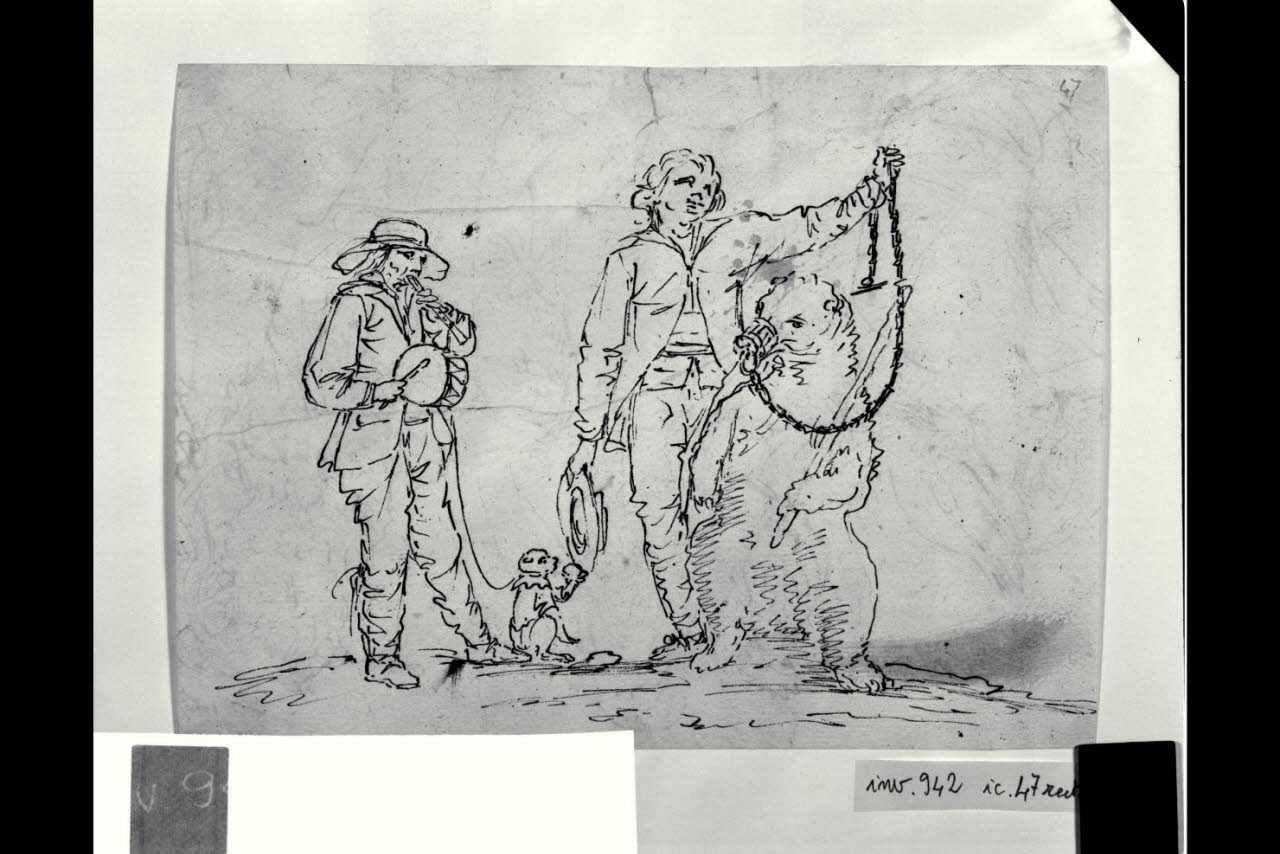 Due girovaghi con orso e scimmietta ammaestrati (disegno) di Bonomini, Paolo Vincenzo; Bonomini, Paolo Vincenzo (sec. XVIII)