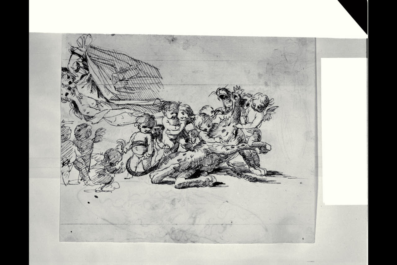 Schizzi con putti che legano un ghepardo; Saggezza e Giustizia; Fortezza (disegno) di Bonomini, Paolo Vincenzo; Bonomini, Paolo Vincenzo; Testa, Pietro detto Lucchesino (; ; copia da) (secc. XVIII/ XIX)