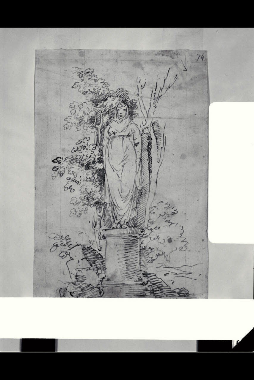 Statua muliebre classica in un giardino romantico (disegno) di Bonomini, Paolo Vincenzo; Bonomini, Paolo Vincenzo (secc. XVIII/ XIX)