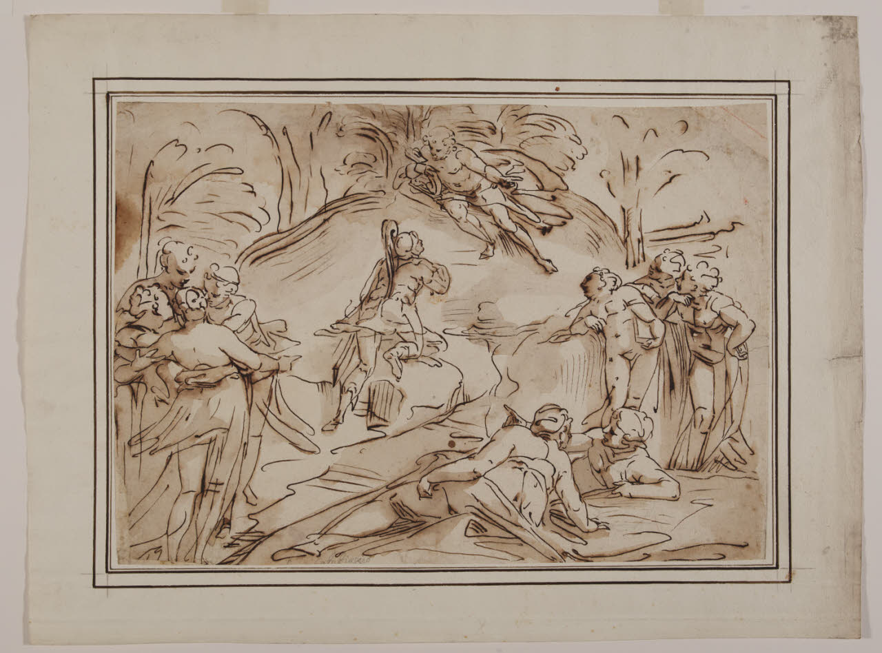 Il Parnaso, con un guerriero che supplica Apollo (disegno) di Cambiaso, Luca (copia da) (sec. XVII)