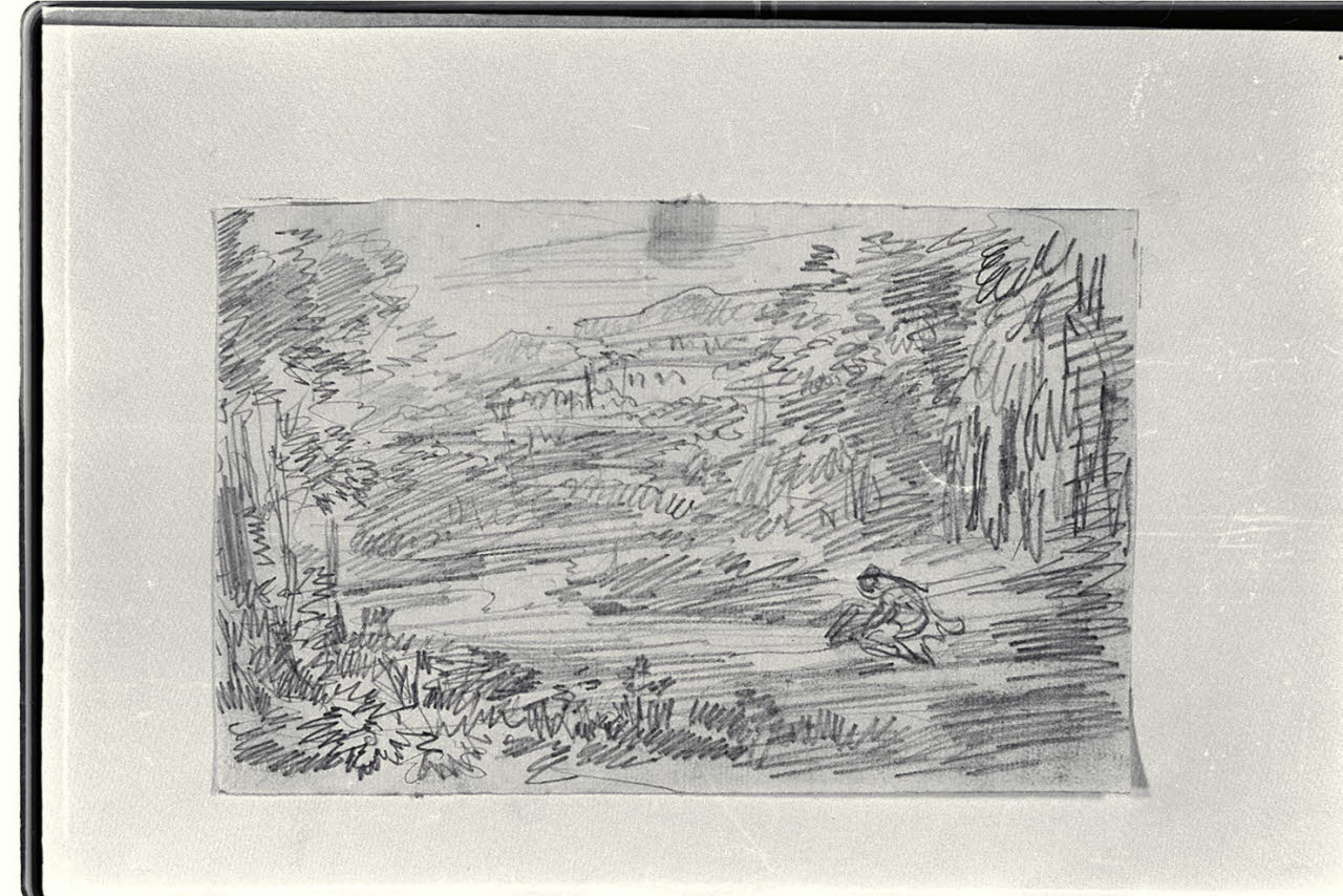 Tratto di fiume con barca e gruppi di figure sulla riva (disegno) di Carnovali, Giovanni detto Piccio (sec. XIX)