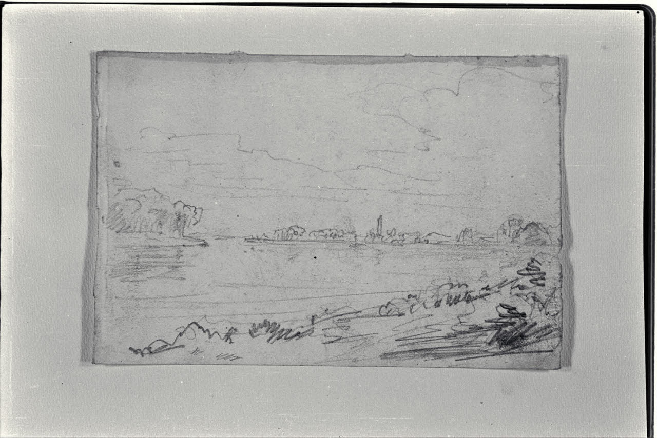 Paesaggio lacustre con profilo di caseggiati e vegetazione (disegno) di Carnovali, Giovanni detto Piccio (sec. XIX)