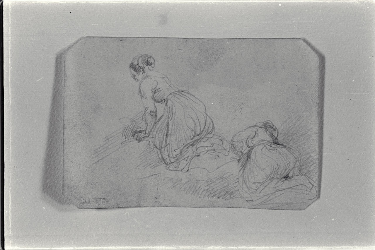 Due donne inginocchiate a lavare (disegno) di Carnovali, Giovanni detto Piccio (sec. XIX)