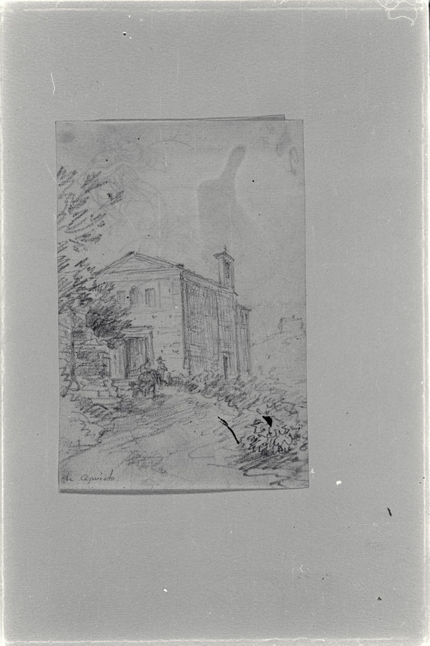 Chiesa di campagna con contadino e mucca (disegno) di Carnovali, Giovanni detto Piccio (sec. XIX)