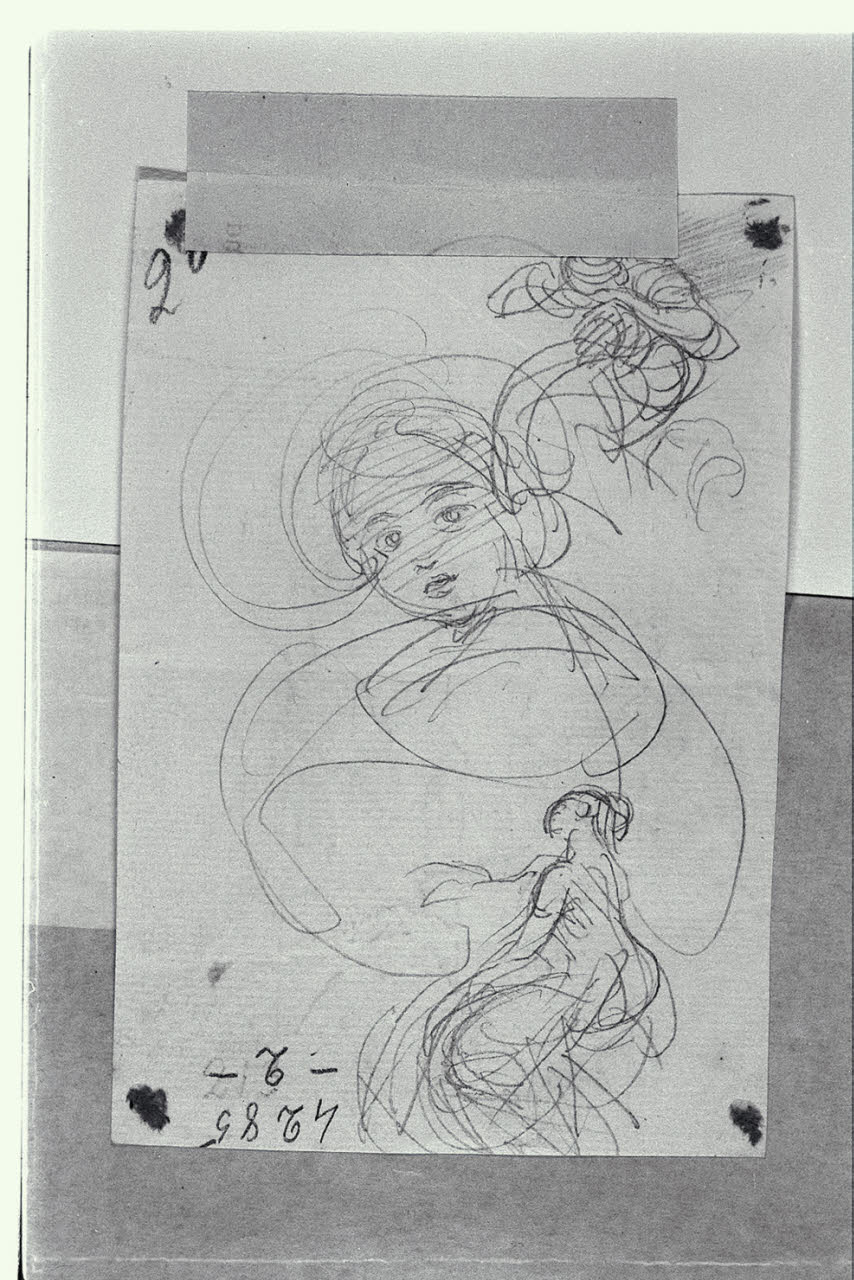 Schizzi di due donne sedute e testa di bimbo (disegno) di Carnovali, Giovanni detto Piccio (sec. XIX)