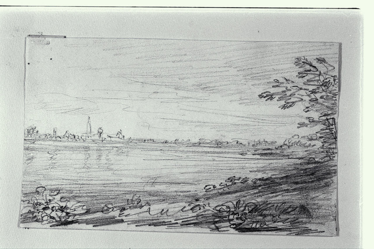 Specchio d'acqua, case e alberi sulla sponda (disegno) di Carnovali, Giovanni detto Piccio (sec. XIX)