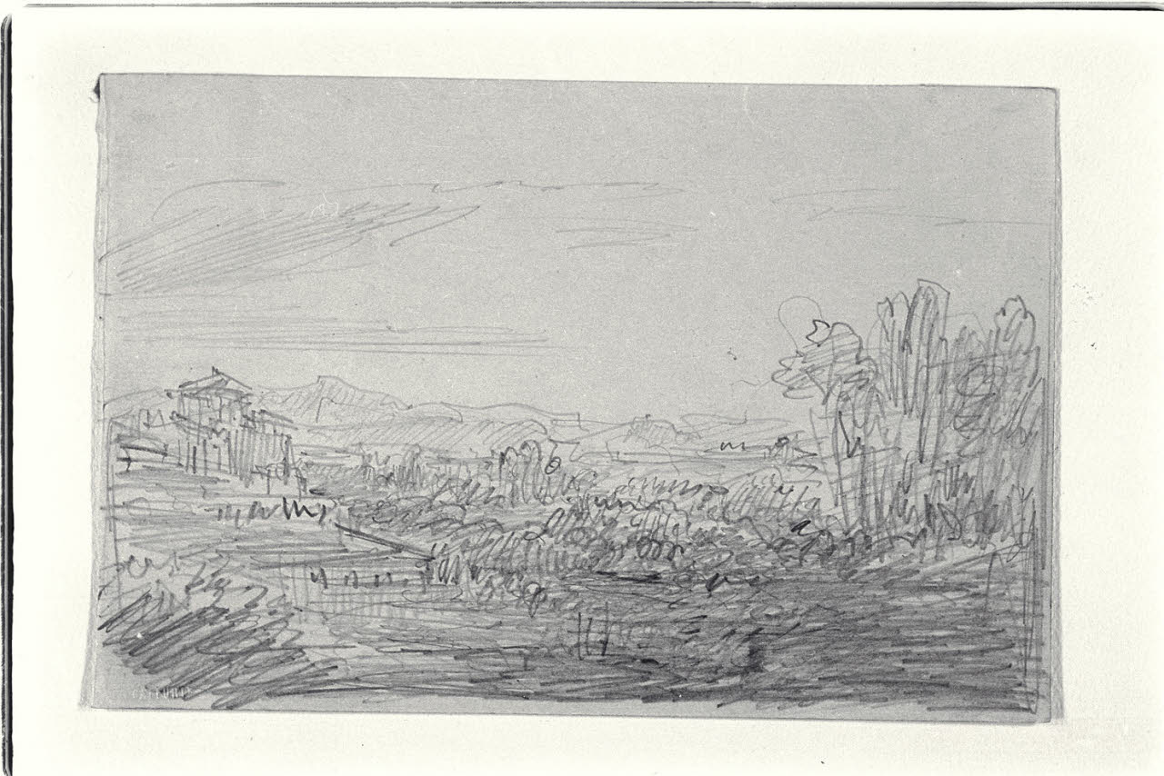 Paesaggio agreste con caseggiato (disegno) di Carnovali, Giovanni detto Piccio (sec. XIX)