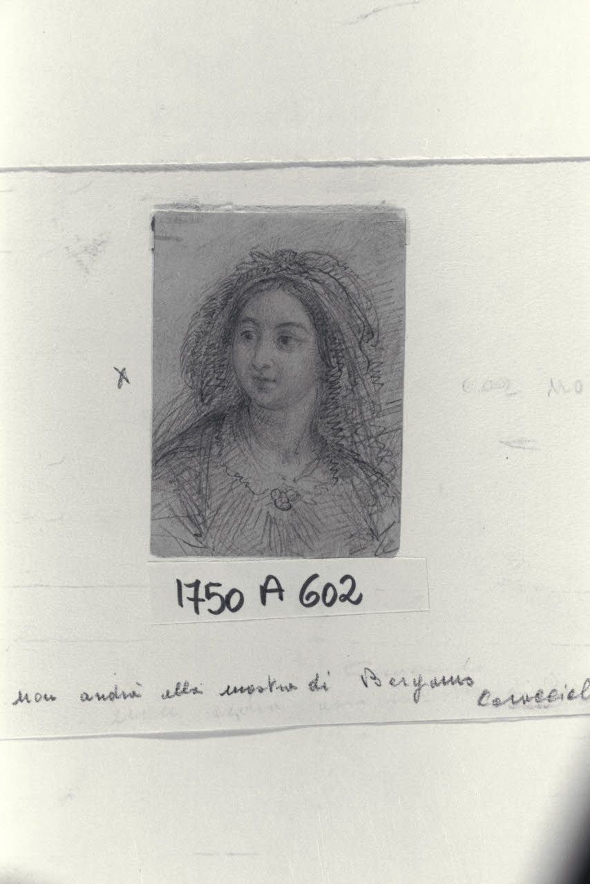 Ritratto femminile a mezzo busto, ornato di nastri, pizzi e spille (disegno) di Carnovali, Giovanni detto Piccio (sec. XIX)