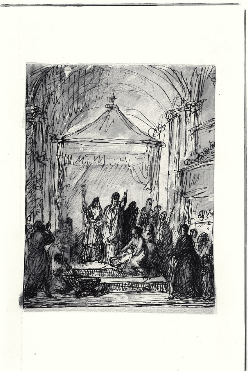 Interno di una chiesa con fedeli oranti (disegno) di Carnovali, Giovanni detto Piccio (sec. XIX)