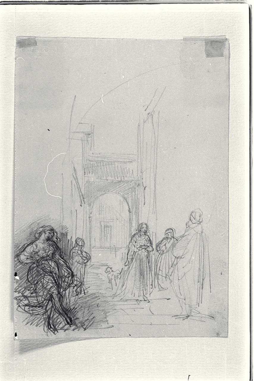 Vicolo con portico, due gruppi di donne con cane e figura virile ammantata (disegno) di Carnovali, Giovanni detto Piccio (sec. XIX)