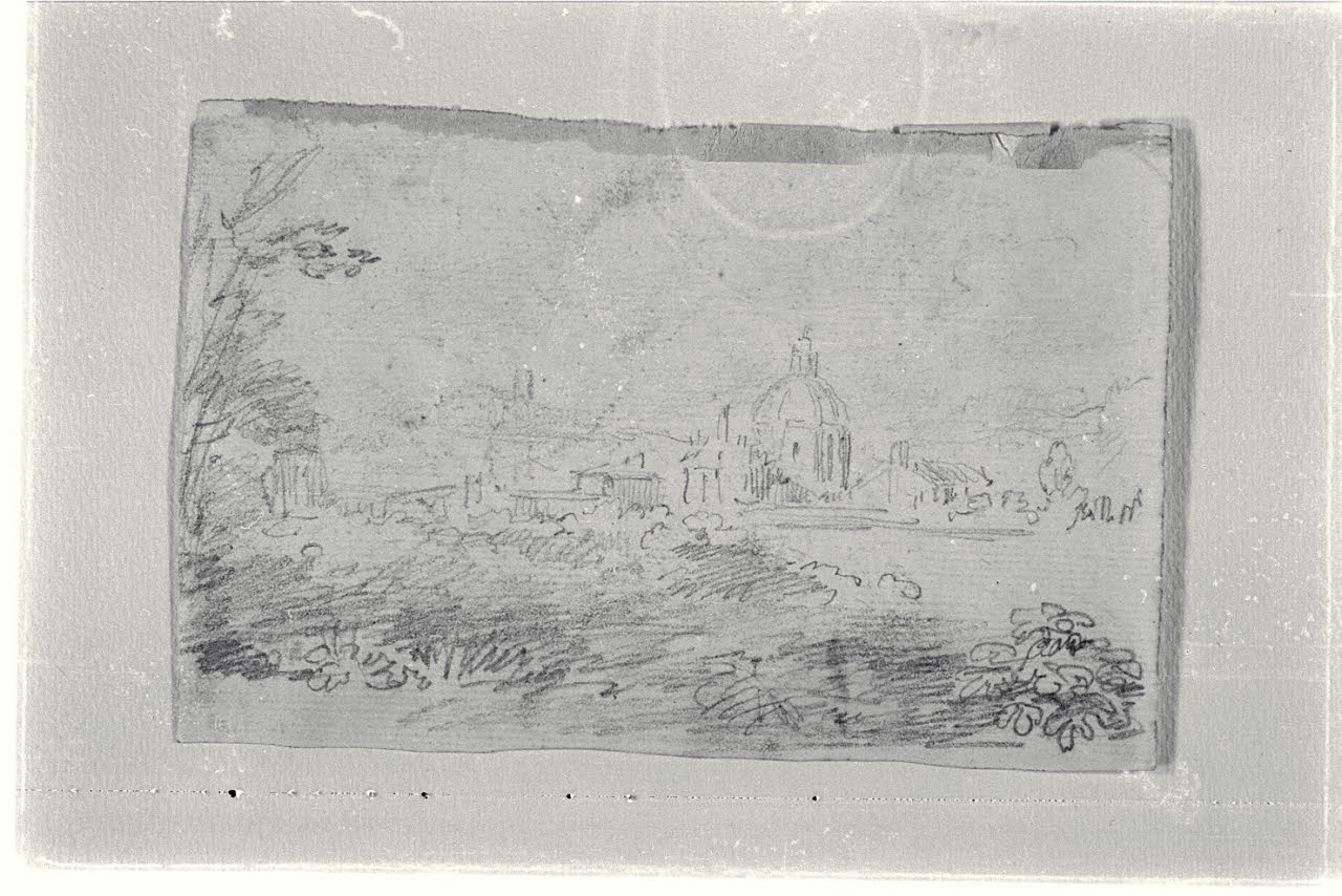 Chiesa a cupola e case affacciate su uno specchio d'acqua (disegno) di Carnovali, Giovanni detto Piccio (sec. XIX)