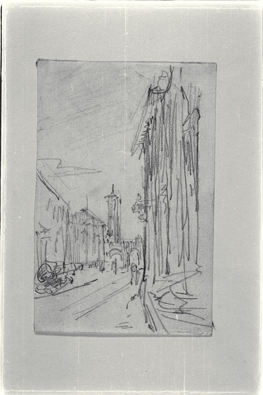 Contrada cittadina con chiesa e porta a due archi (disegno) di Carnovali, Giovanni detto Piccio (sec. XIX)