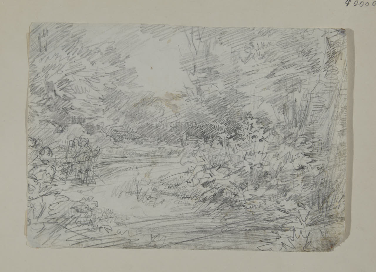 Fiume tra i boschi con viandanti sulla riva (disegno) di Carnovali, Giovanni detto Piccio (sec. XIX)