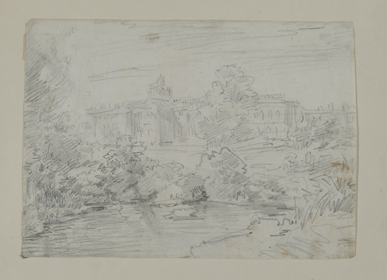 Ansa di fiume con villa sullo sfondo (disegno) di Carnovali, Giovanni detto Piccio (sec. XIX)