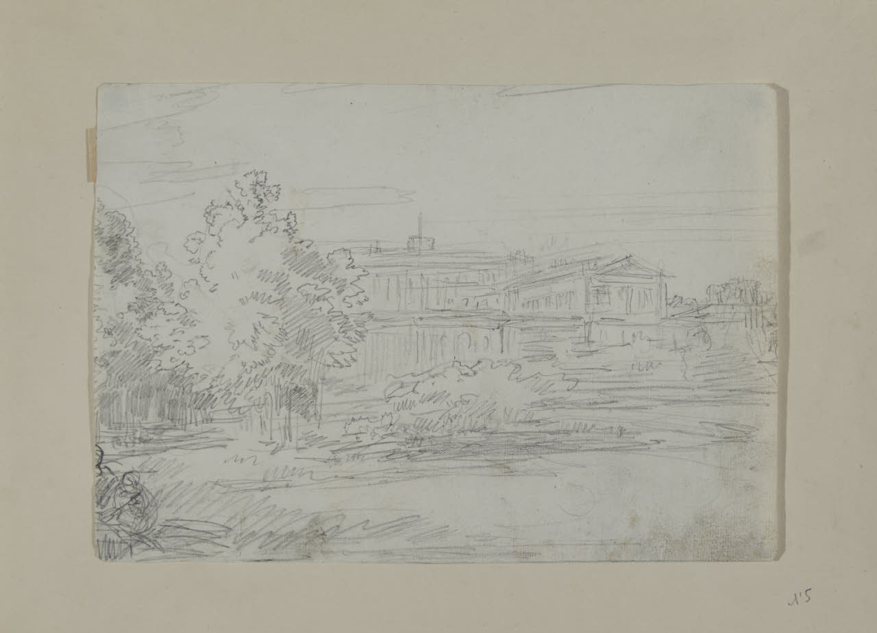 Villa in riva al fiume con figurine (disegno) di Carnovali, Giovanni detto Piccio (sec. XIX)