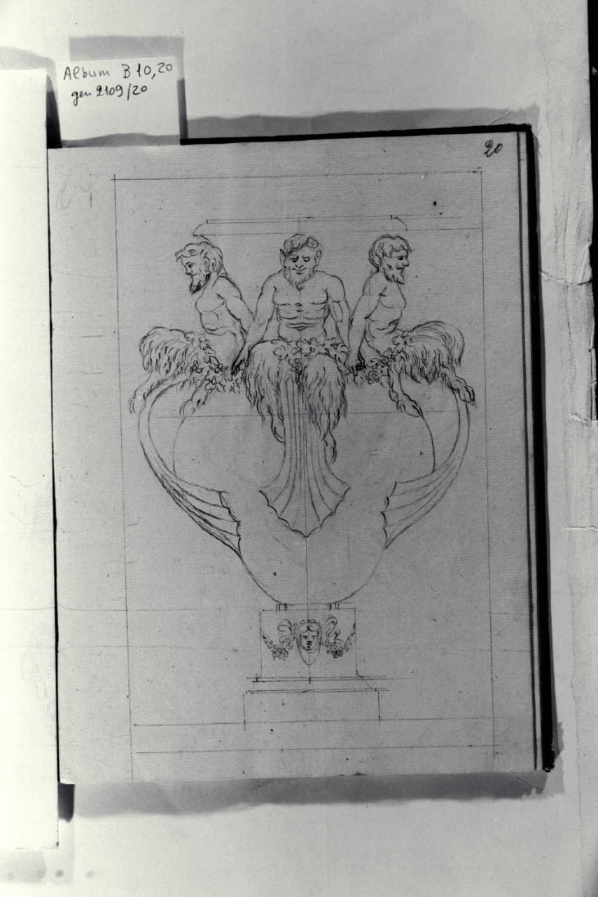 Idee di varii vasi: Vaso con satiri assisi (disegno) di Comerio, Filippo (sec. XIX)