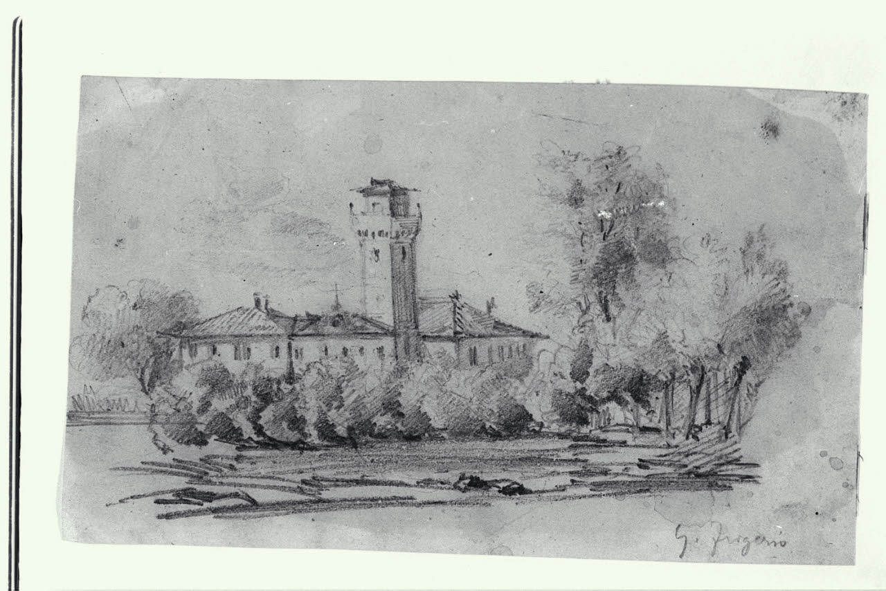 Paesaggio alberato con case e torre di un castello (disegno) di Frigerio, Giulio ((?)) (seconda metà sec. XIX)