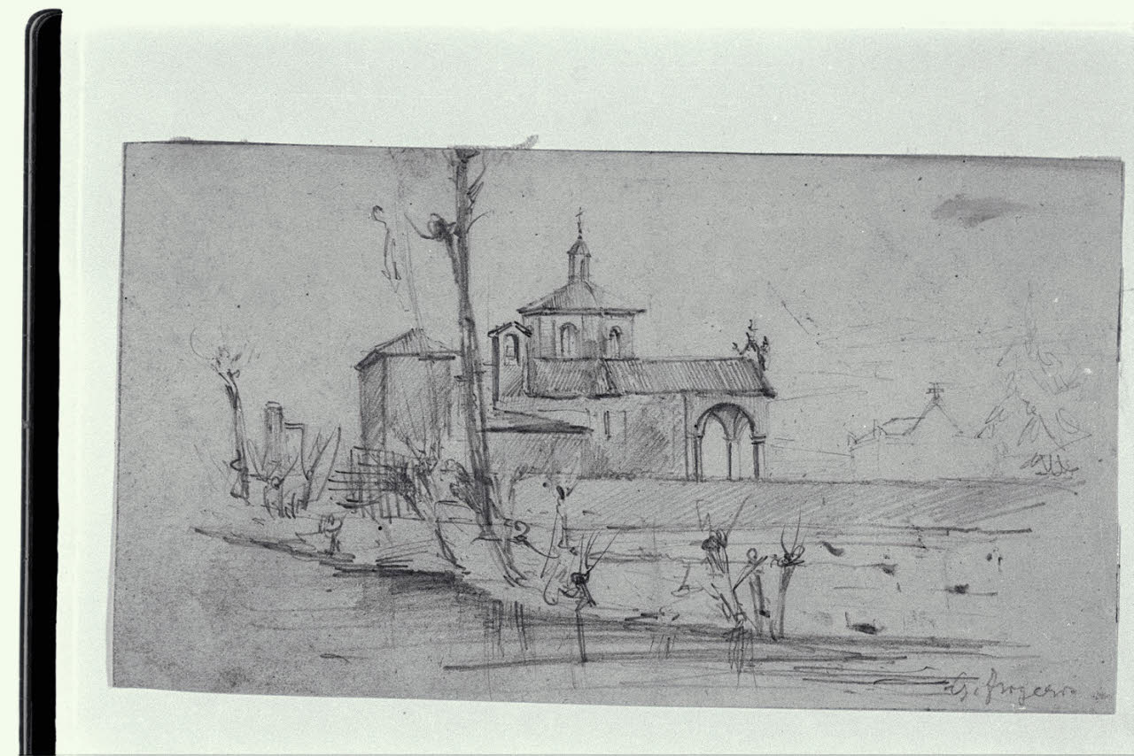 Paesaggio con veduta di una chiesa (disegno) di Frigerio, Giulio ((?)) (seconda metà sec. XIX)