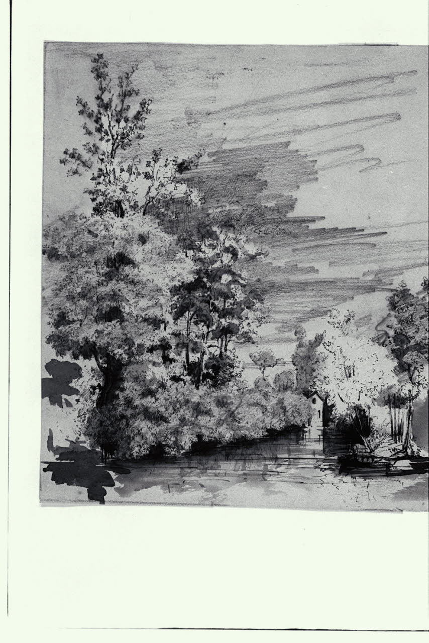 Paesaggio alberato con corso d'acqua e casolare (disegno) di Frigerio, Giulio ((?)) (seconda metà sec. XIX)