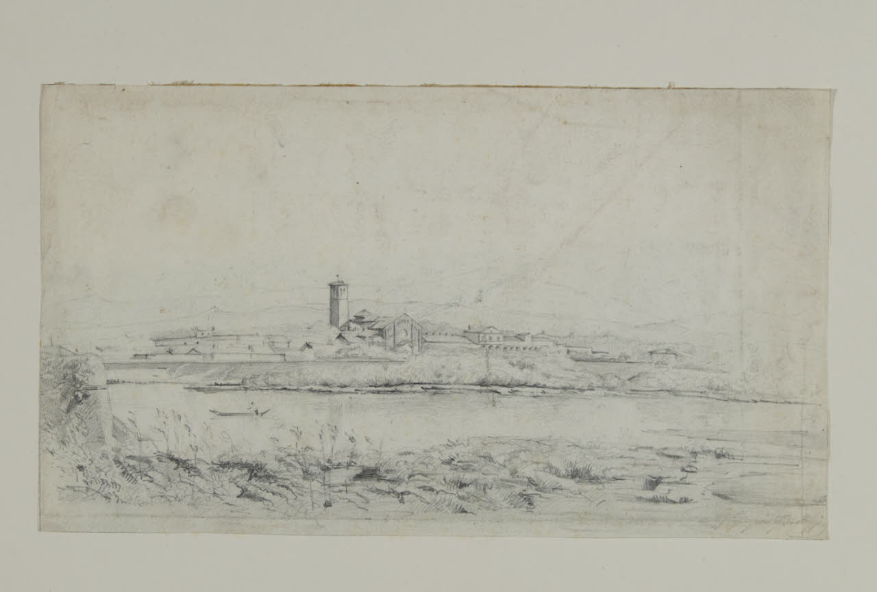 Paesaggio fluviale con paese e monti sullo sfondo (disegno) di Frigerio, Giulio ((?)) (seconda metà sec. XIX)