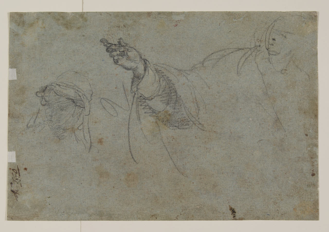 Studio di volto e di figura con braccio levato, Studio di volto e di figura con braccio levato (disegno) di Confortini, Jacopo; Confortini, Jacopo (sec. XVII)