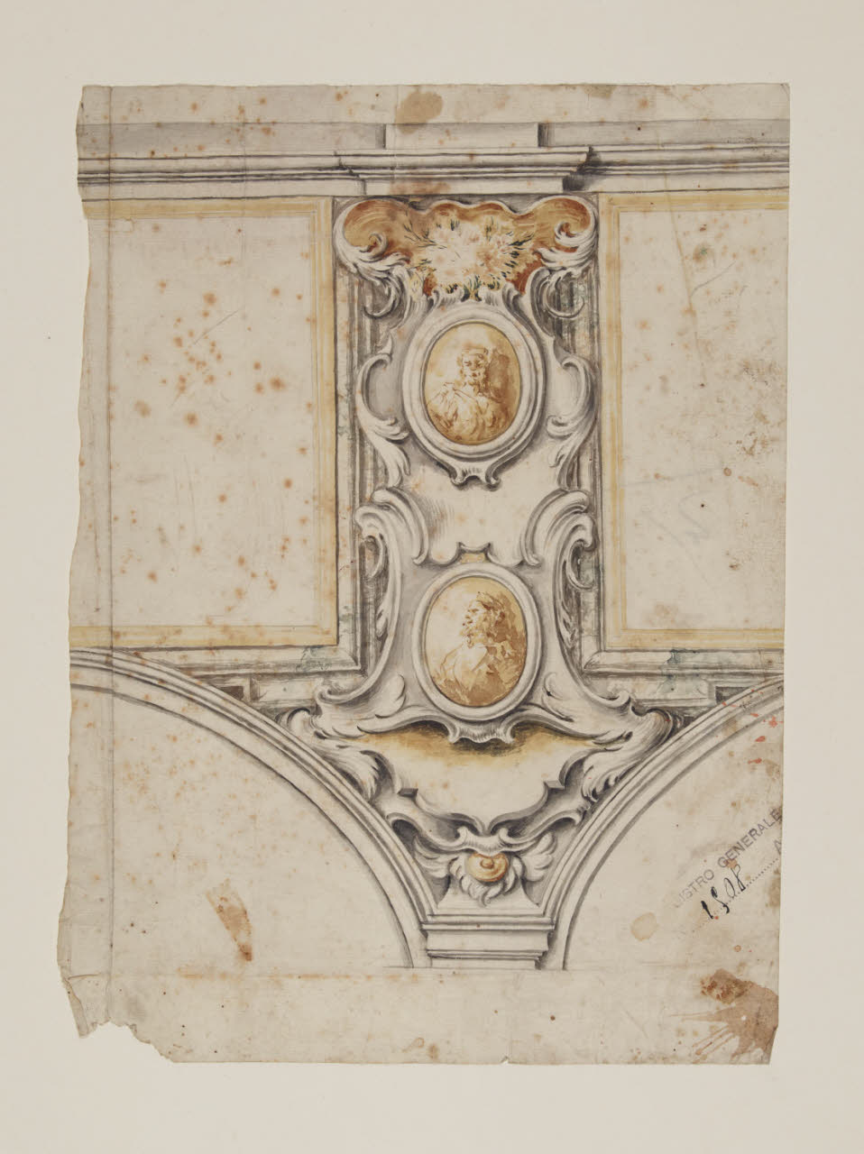 Particolari per la decorazione del Duomo di Monza: particolare architettonico con archi ornati e mezze figure entro medaglioni ovali (disegno) di Gilardi, Pietro (primo quarto sec. XVIII)