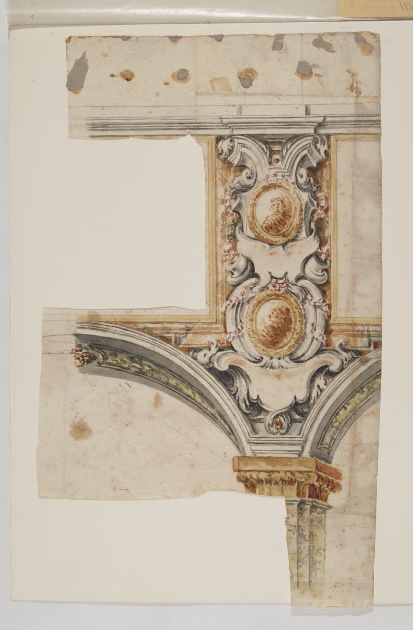 Particolari per la decorazione del Duomo di Monza: particolare architettonico con archi ornati e mezze figure entro medaglioni ovali (disegno) di Gilardi, Pietro (primo quarto sec. XVIII)