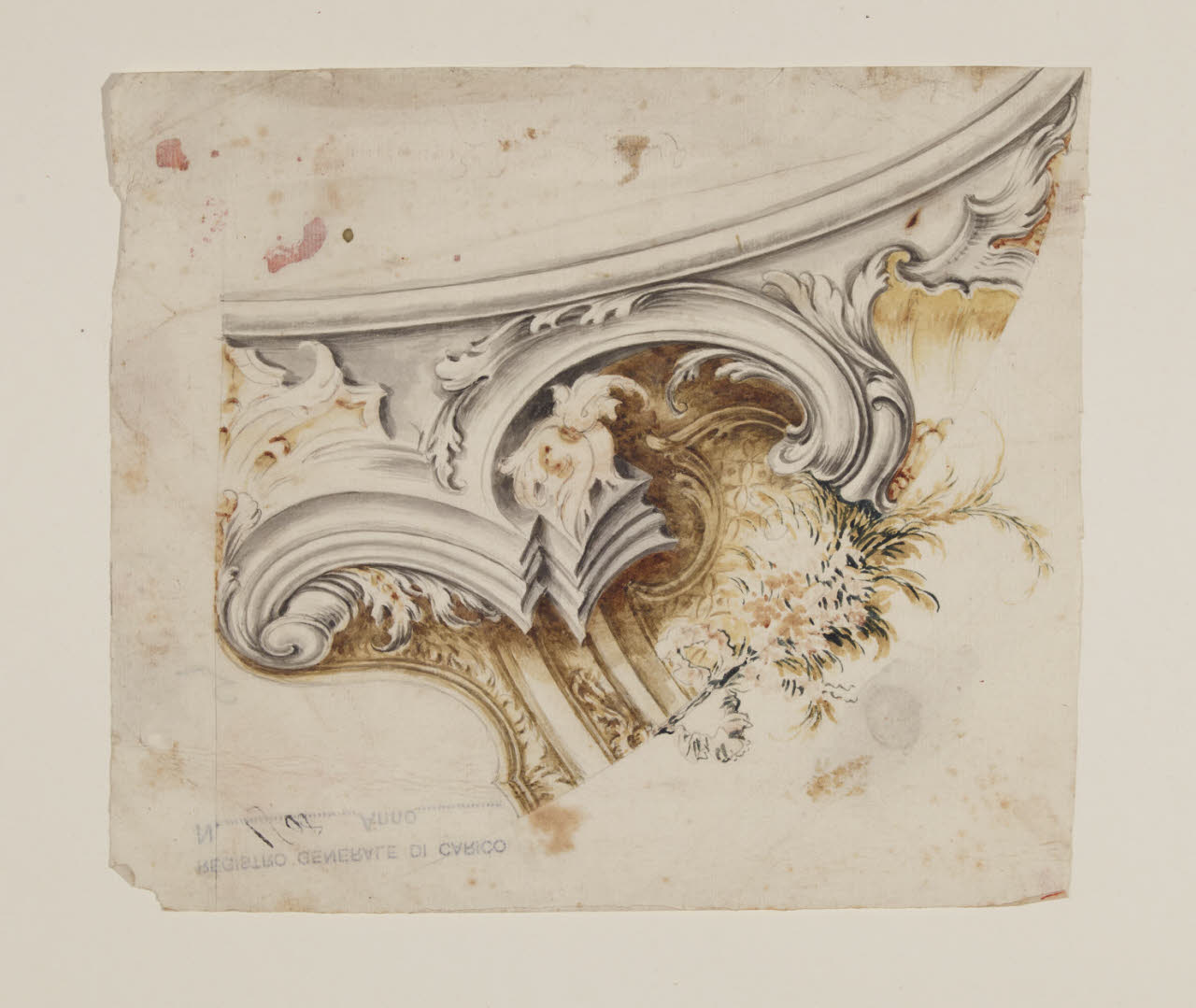 Particolari per la decorazione del Duomo di Monza: motivo architettonico con ornati e fiori (disegno) di Gilardi, Pietro (primo quarto sec. XVIII)