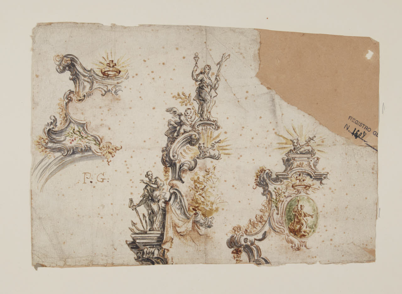 Particolari per la decorazione del Duomo di Monza: motivi architettonici con ornati e figure per altare (disegno) di Gilardi, Pietro (primo quarto sec. XVIII)