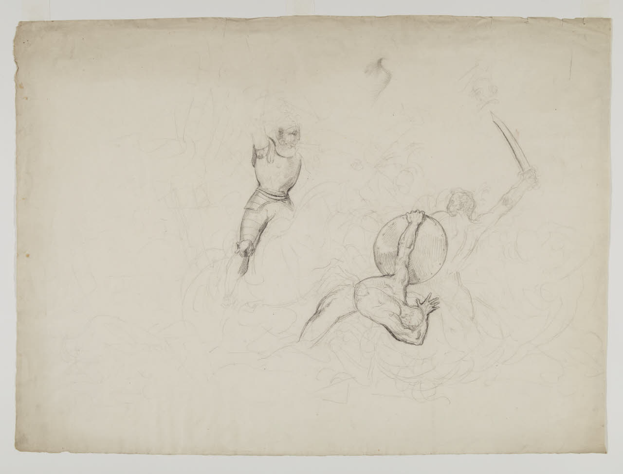 Studio di guerrieri ignudi e in armatura in atto di combattere, Studio di guerrieri ignudi e in armatura in atto di combattere (disegno) - ambito italiano (sec. XIX)