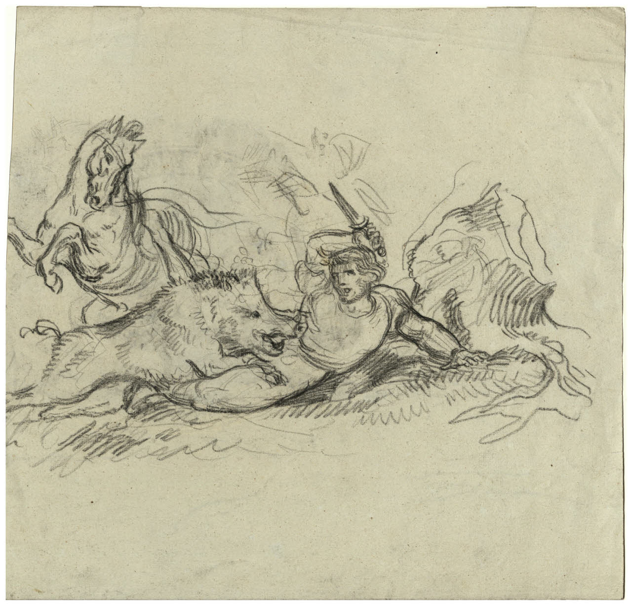 Cavaliere disarcionato che si difende col pugnale dall'assalto di un cinghiale, Cavaliere disarcionato che si difende col pugnale dall'assalto di un cinghiale (disegno) - ambito italiano (sec. XIX)