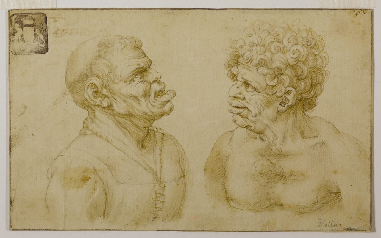 Due teste maschili grottesche (disegno) di Hollar, Wenceslaus (già attribuito) (prima metà sec. XVII)