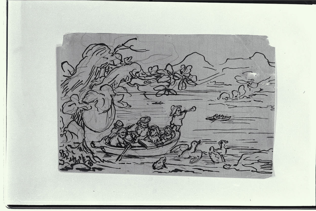 Paesaggio lacustre con nani su imbarcazioni (disegno) di Macinata, Giuseppe (sec. XIX)