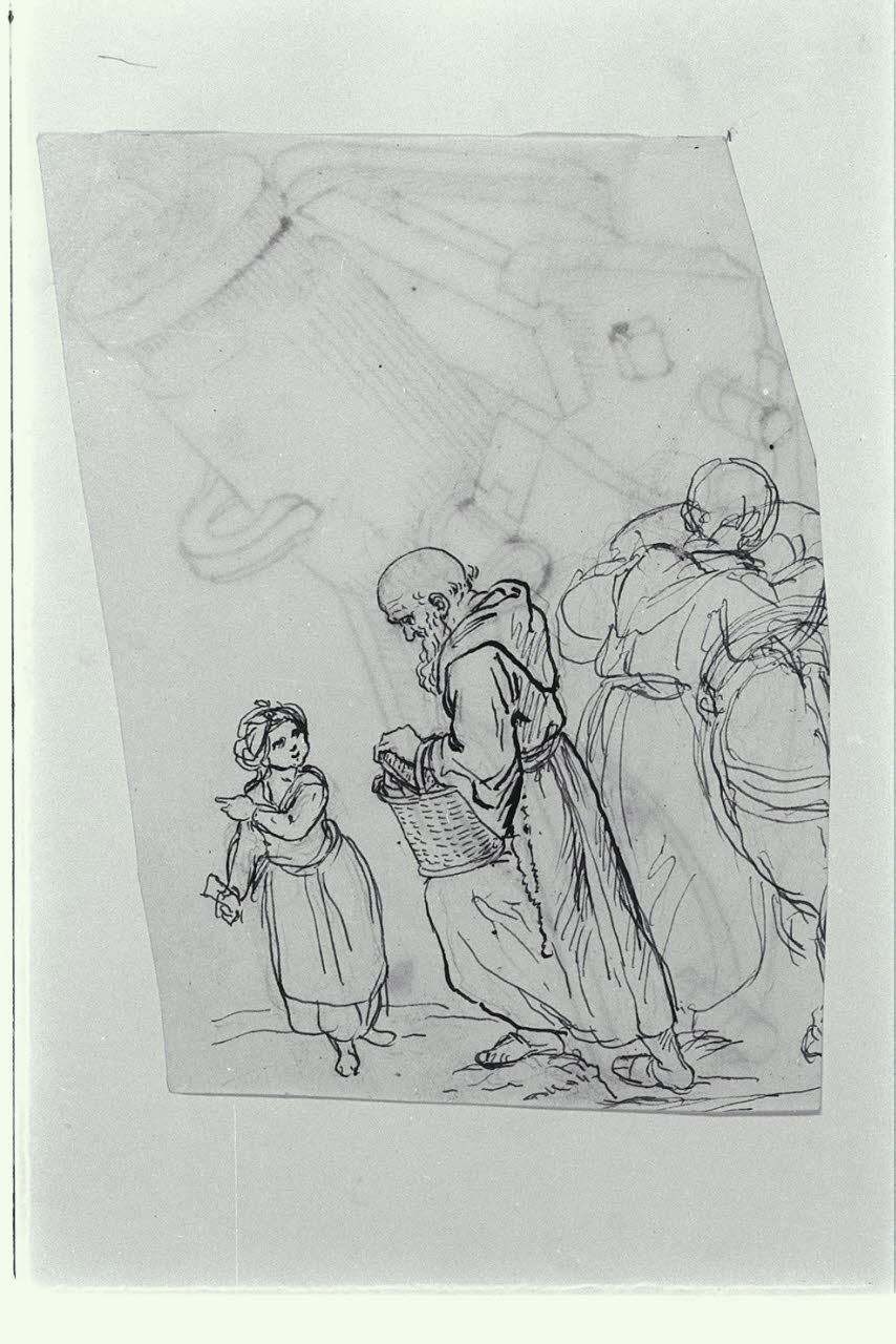 Donna con asino, monaco con una cesta, e bambina (disegno) di Macinata, Giuseppe (sec. XIX)