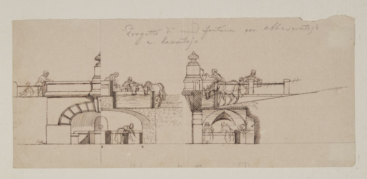 Progetto di una fontana con abbeveratoio e lavatoio (disegno) di Macinata, Giuseppe (sec. XIX)