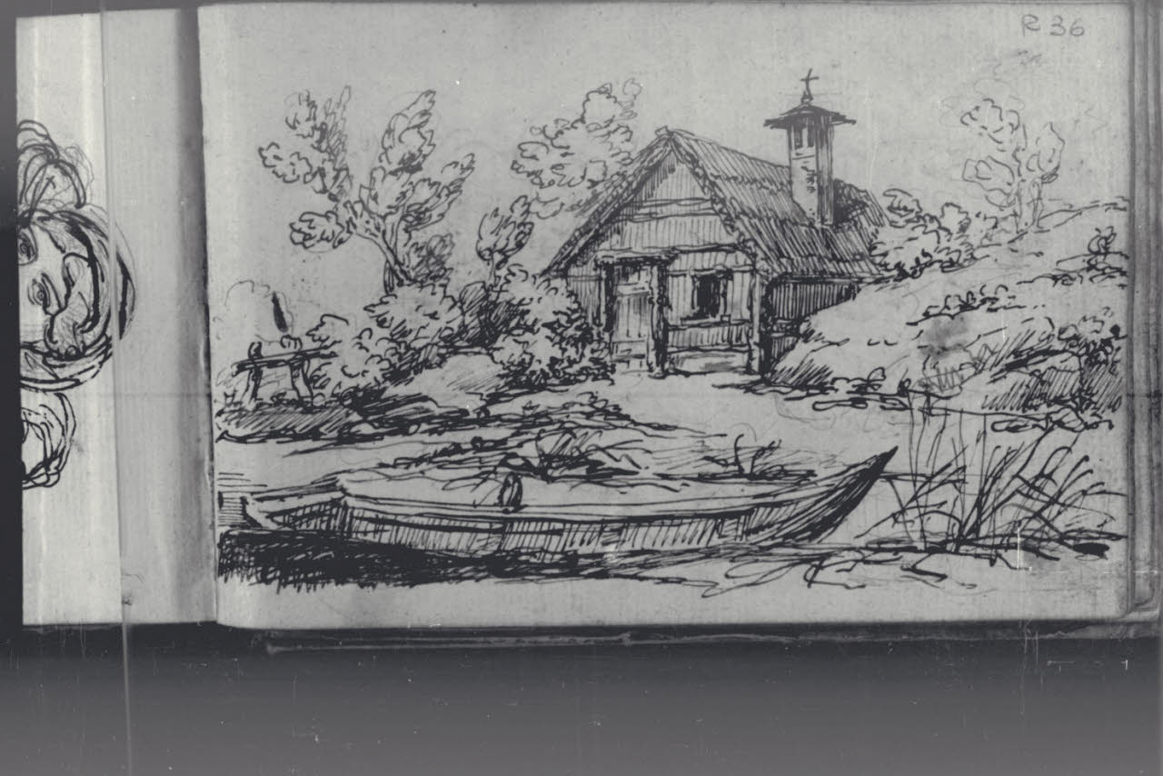 Paesaggio con corso d'acqua e chiesetta rustica (disegno) di Macinata, Giuseppe; Macinata, Giuseppe (secondo quarto sec. XIX)