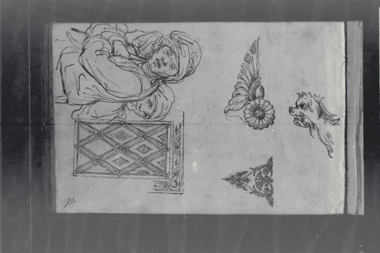 Due figure maschili, particolari decorativi e testa di un animale fantastico (disegno) di Macinata, Giuseppe; Macinata, Giuseppe (secondo quarto sec. XIX)