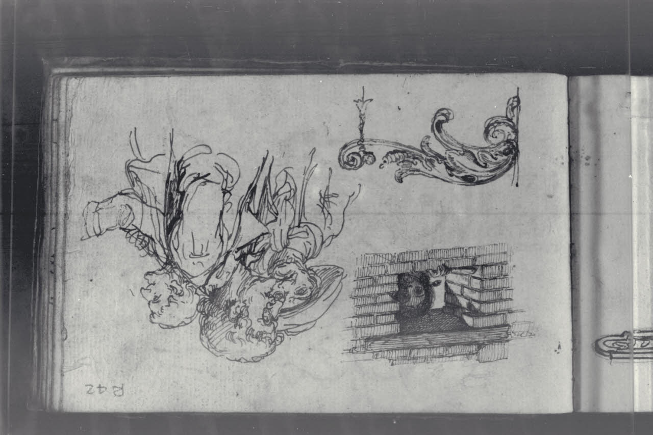 Tre figure maschili, donna affacciata ad una feritoia e particolare decorativo (disegno) di Macinata, Giuseppe; Macinata, Giuseppe (secondo quarto sec. XIX)