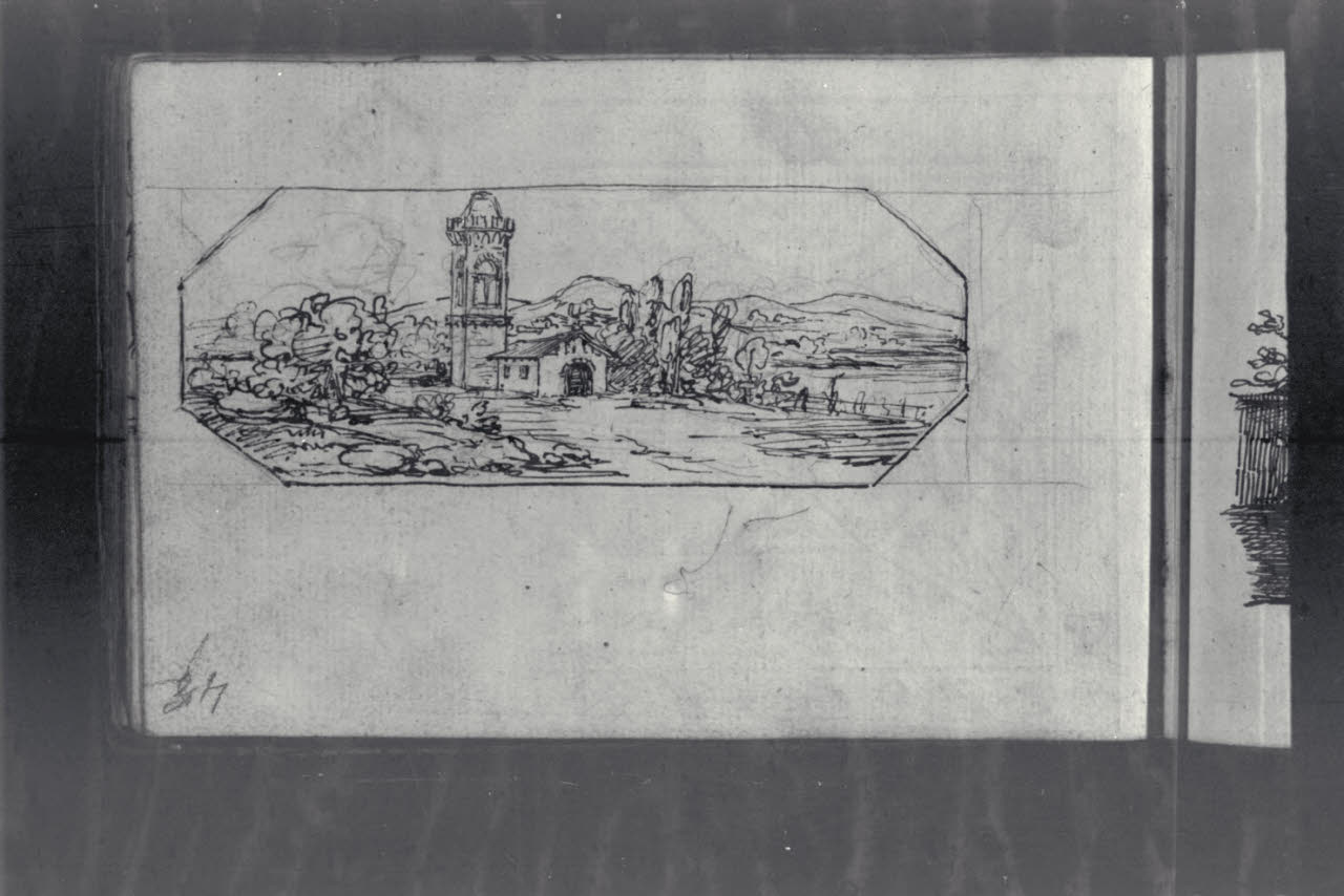Paesaggio montuoso con chiesa e campanile (disegno) di Macinata, Giuseppe; Macinata, Giuseppe (secondo quarto sec. XIX)