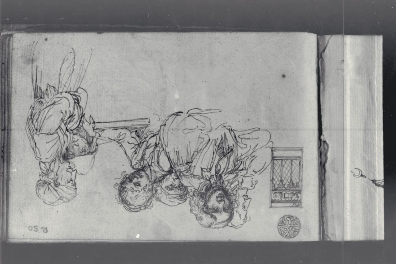 Gruppo di figure femminili e maschili e motivi decorativi (disegno) di Macinata, Giuseppe; Macinata, Giuseppe (secondo quarto sec. XIX)